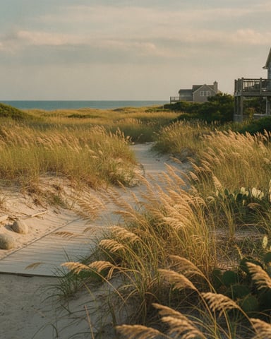 Wooden boardwalk through dune grasses leading to beachfront houses and ocean horizon at sunset
