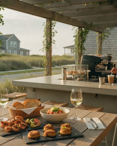 Outdoor dining area under pergola with food and wine, overlooking coastal houses and marsh landscape