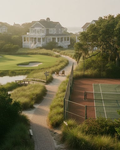 Coastal estate with clay tennis courts, manicured lawn, sand paths, and waterfront access with marsh grasses and live oak trees.