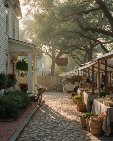 Brick courtyard lined with vendor stalls under wooden pergolas, white cottage with hanging flowers on left, large oak trees overhead.