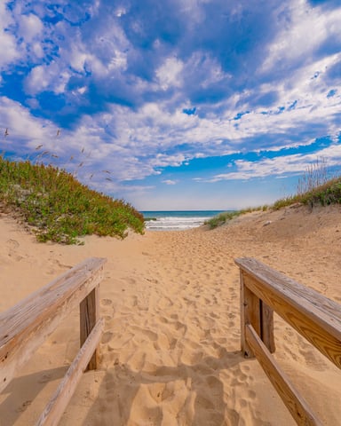 Wooden boardwalk leading through sand dunes with beach grass to ocean and blue sky with white clouds