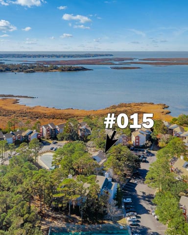 Aerial view of waterfront residential community with brick homes, pine trees, and bay with marsh islands beyond
