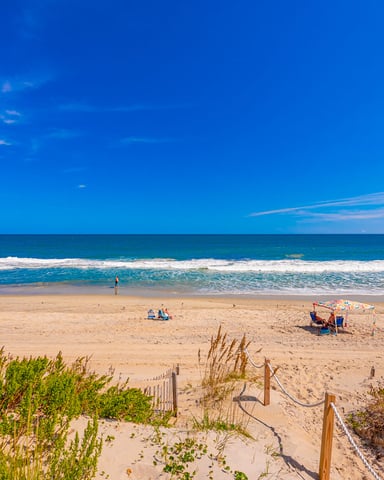 Sandy beach with dune vegetation, wooden fence, and beachgoers under clear blue sky with rolling waves