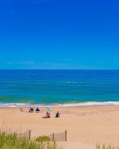 Sandy beach with beachgoers, dune grass, wooden fencing, and calm blue ocean under clear sky
