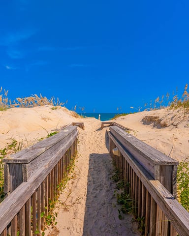 Wooden boardwalk through sand dunes with beach grass leading to ocean under clear blue sky