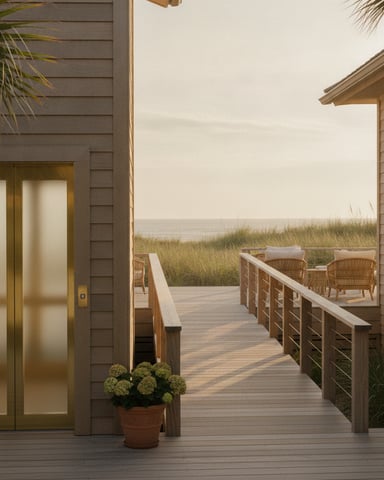 Beachfront deck with wooden railings, glass doors, potted flowers, and ocean view beyond dunes