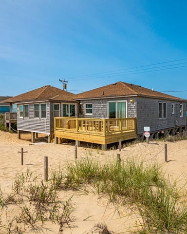 Beachfront house on stilts with yellow deck and gray shingle siding, surrounded by sand dunes and beach grass.