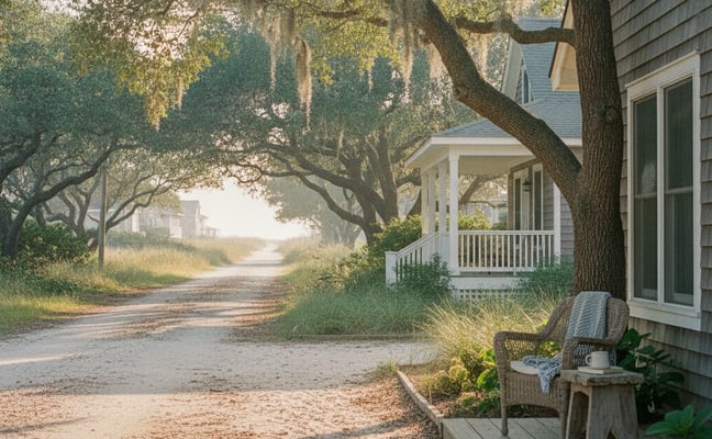 Cottage with white porch and rocking chair beside tree-lined sandy driveway leading to distant houses