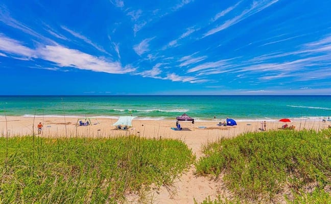 Sandy beach with dune grass, colorful umbrellas, and turquoise ocean under clear blue sky