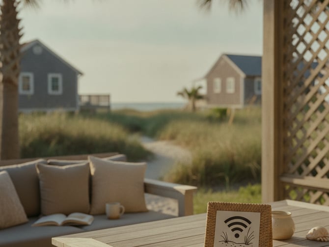 Covered porch with wooden table overlooking beach houses, dunes, and palm trees, with WiFi sign displayed