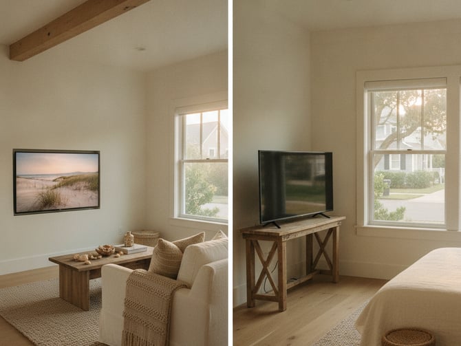 Two views of a bright bedroom with exposed wood beams, cream walls, large windows, wooden furniture, and neutral furnishings.