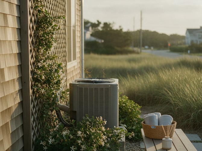 Coastal home exterior with HVAC unit, climbing vines, wooden bench with basket, and marsh grass view
