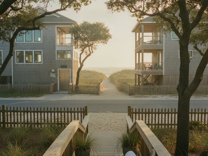 Wooden boardwalk leading to beach between two shingle-sided houses with dunes and ocean view beyond.