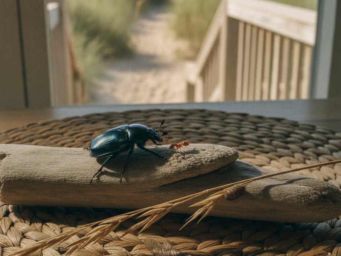 Blue beetle on driftwood with beach grass and wooden deck railing in background