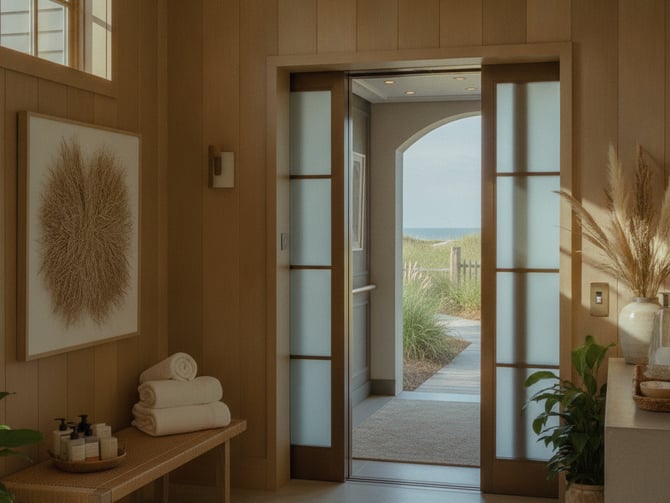 Wood-paneled entryway with glass doors opening to beach dunes and ocean view