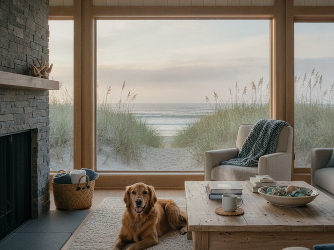 Coastal living room with large windows overlooking beach dunes and ocean, golden retriever on rug, fireplace, and wooden furniture
