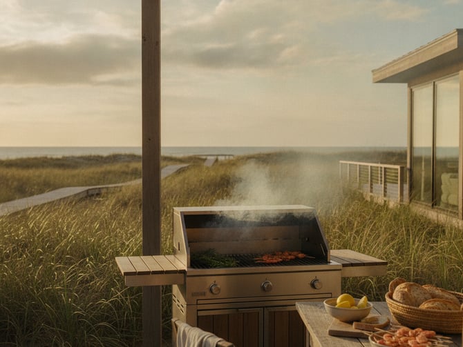 Outdoor grill on deck with marsh and waterway views under pergola, food and bread on counter