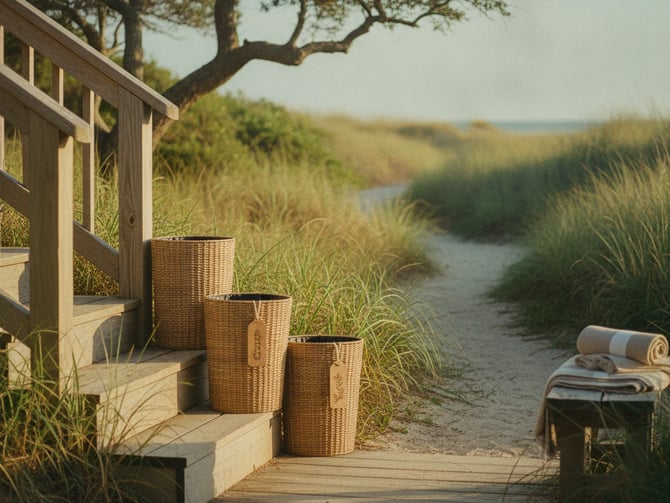 Wooden beach house deck with wicker baskets and towels, overlooking dune grasses and waterway