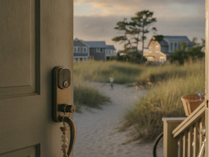 Smart lock on beach house door with sandy path, dune grass, and coastal homes in background at sunset