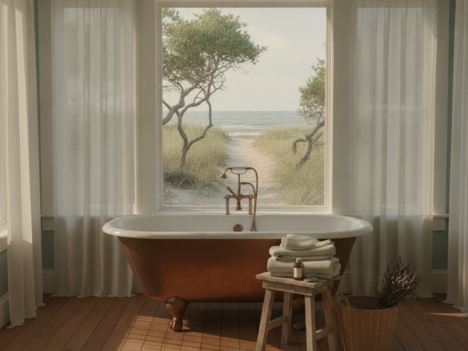 Bathroom with copper freestanding tub and large window overlooking beach, dunes, and sea